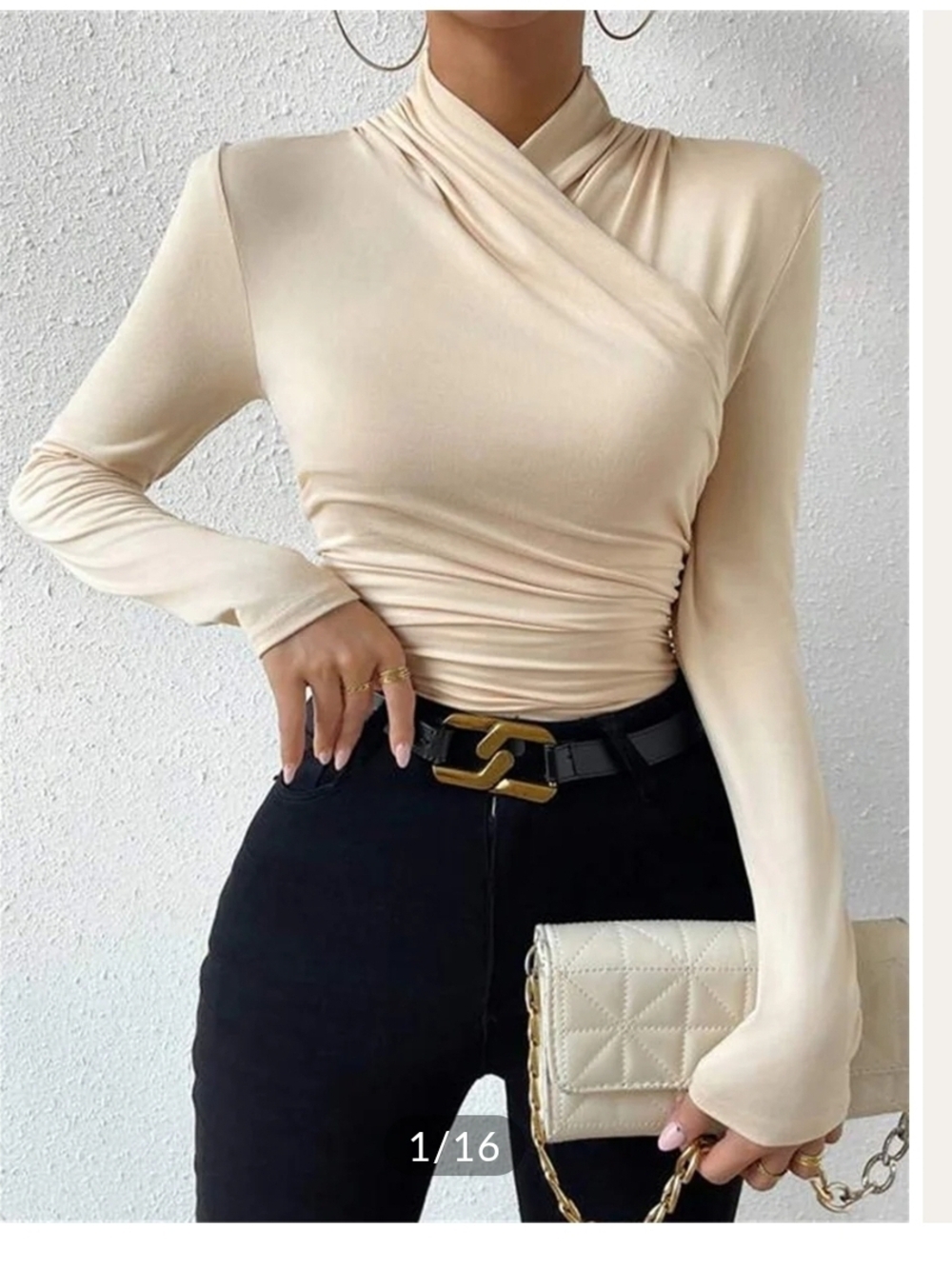 Commense Cream Wrap-Style Long Sleeve Top
